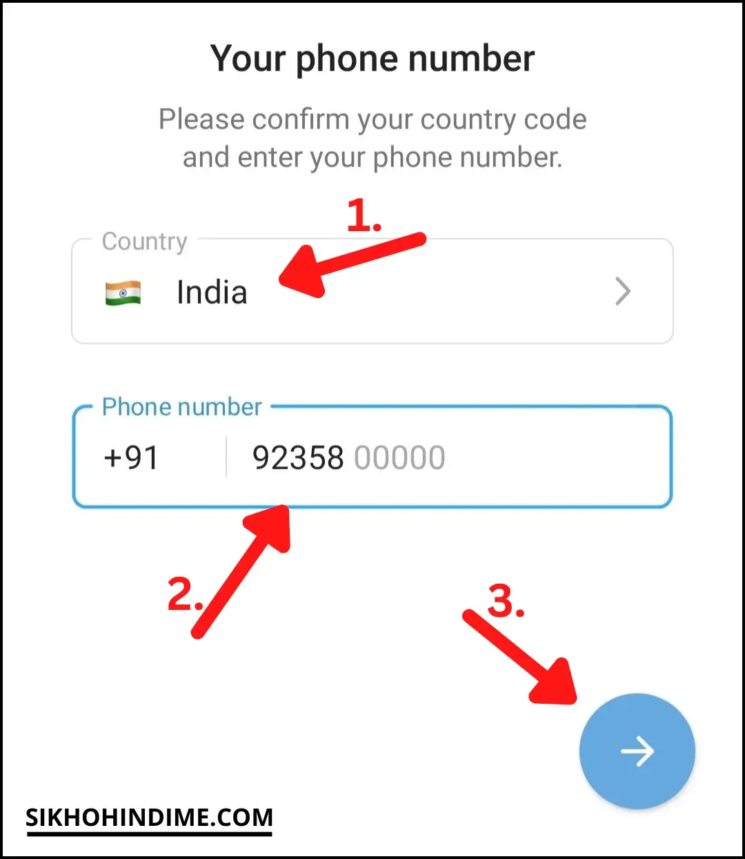 Select country, enter phone number and click next